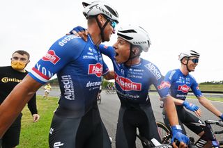 Tour de France 2023: Mathieu van der Poel celebrates with teammate Jasper Philipsen after the win in Nogaro
