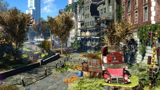 Fallout 4 mod Fallout London screenshot showing a ruinous post-apocalyptic Camden, with torn buildings and a double-decker red bus