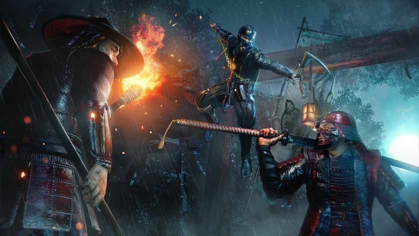 Guards stand unaware at night in Nioh 3 as a ninja jumps at them with a kusari-gami
