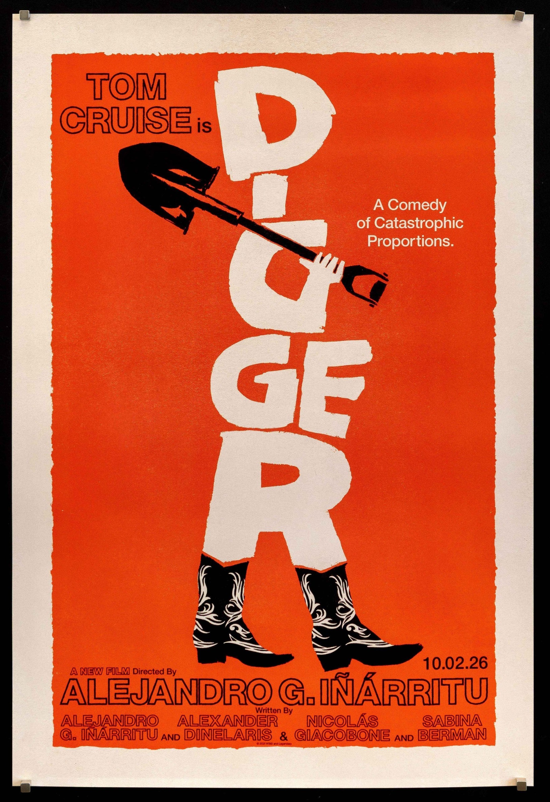 Orange teaser poster for Digger in which the white hand-cut letters of the title stack up to form a man's body, holding a black spade over his shoulder and standing in patterned black cowboy boots.