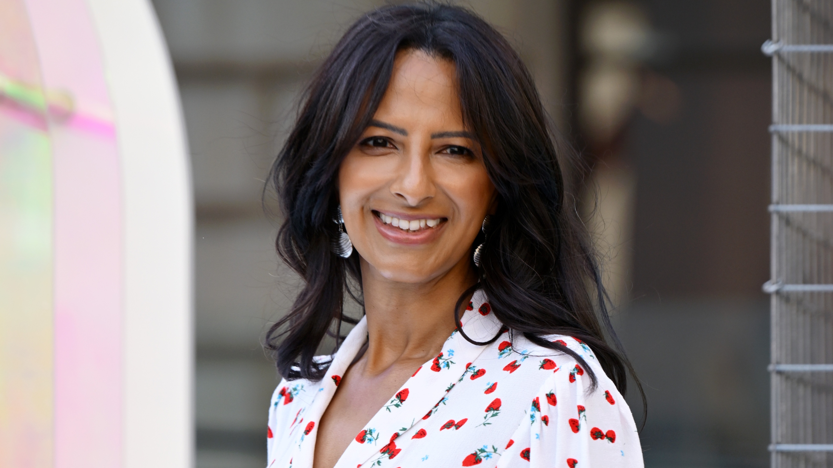 Ranvir Singh, wearing a white dress with a strawberry pattern, attends the Royal Academy Summer Exhibition Preview Party 2025