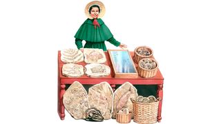Illustration of 19th century paleontologist Mary Anning with collection of fossils.