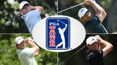 Rory McIlroy, Ludvig Aberg, Matt Fitzpatrick and Xander Schauffele hitting golf shots and a PGA Tour logo