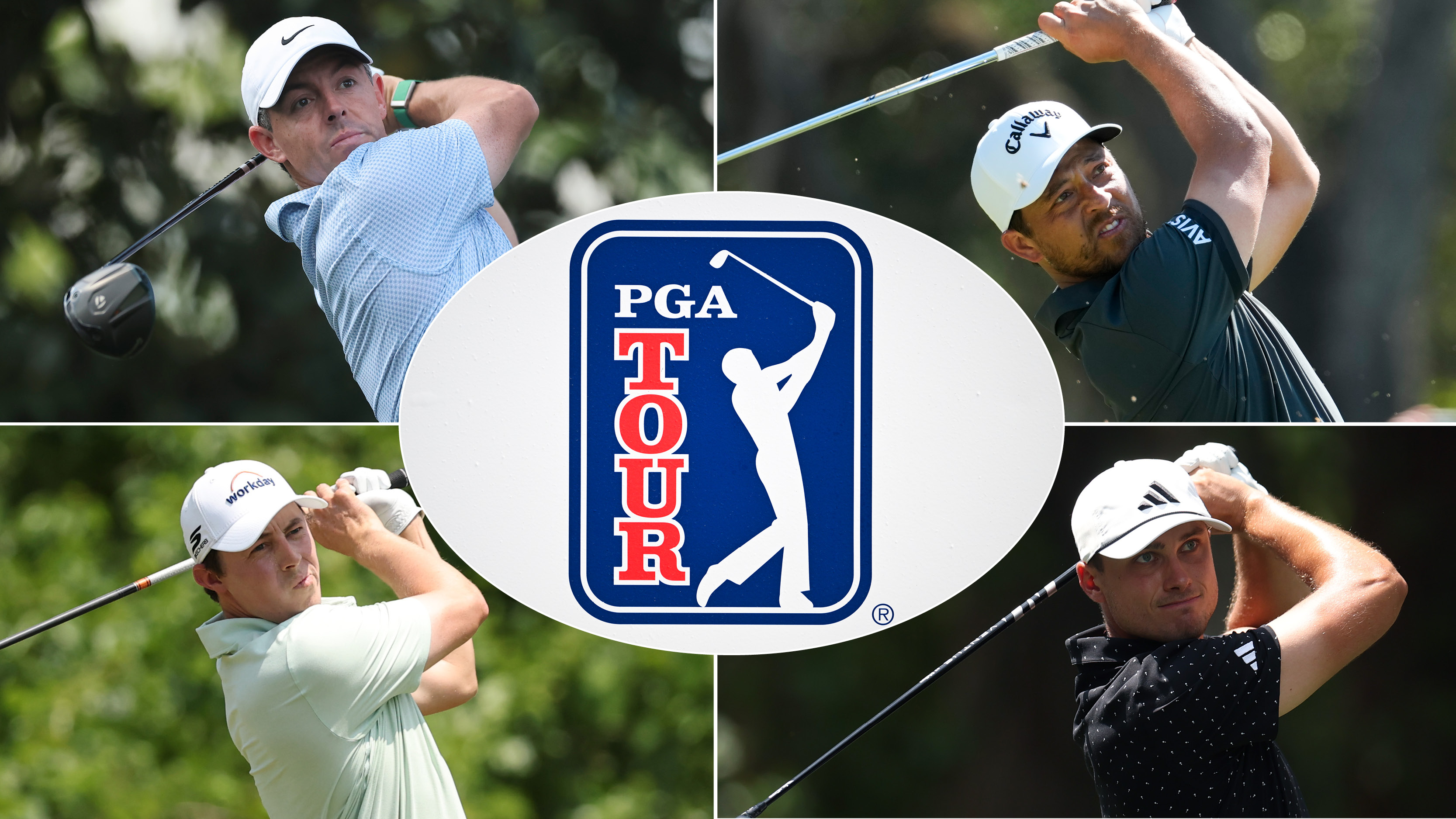Rory McIlroy, Ludvig Aberg, Matt Fitzpatrick and Xander Schauffele hitting golf shots and a PGA Tour logo