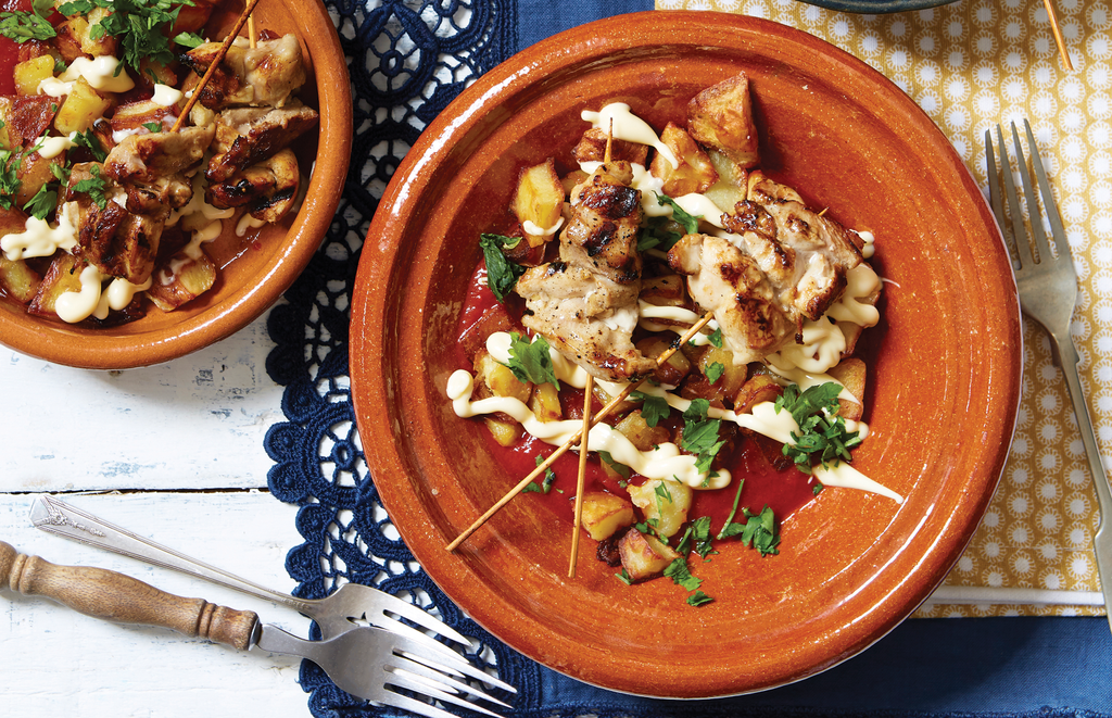 Spanish chicken skewers with patatas bravas Dinner Recipes Woman & Home