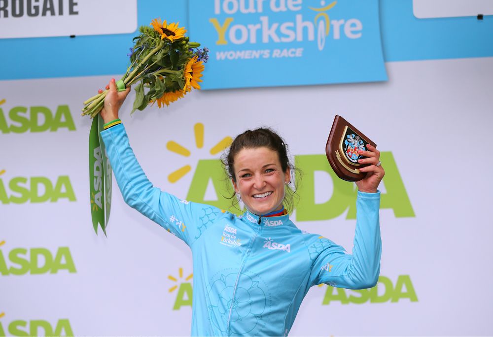 Lizzie Deignan in the Tour de Yorkshire podium