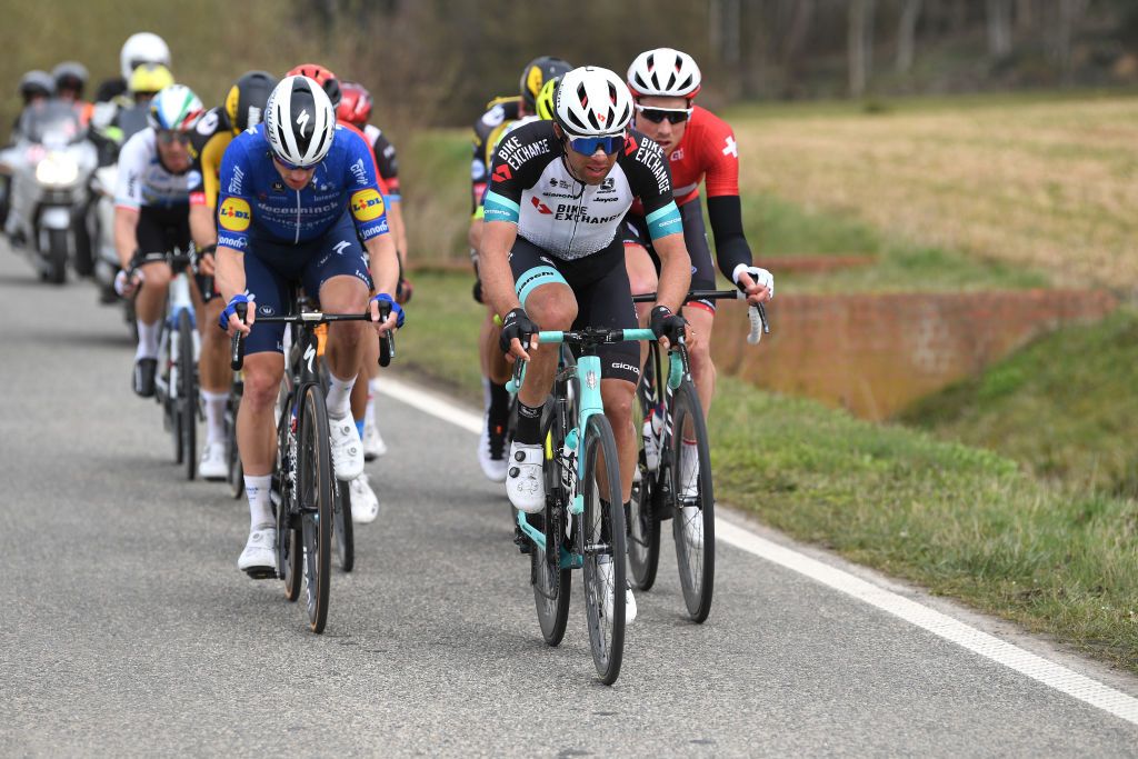 WEVELGEM BELGIUM MARCH 28 Sam Bennett of Ireland and Team Deceuninck QuickStep Michael Matthews of Australia and Team Team BikeExchange during the 83rd GentWevelgem in Flanders Fields 2021 Mens Elite a 254km race from Ypres to Wevelgem Breakaway GWE21 GWEmen FlandersClassic on March 28 2021 in Wevelgem Belgium Photo by Tim de WaeleGetty Images