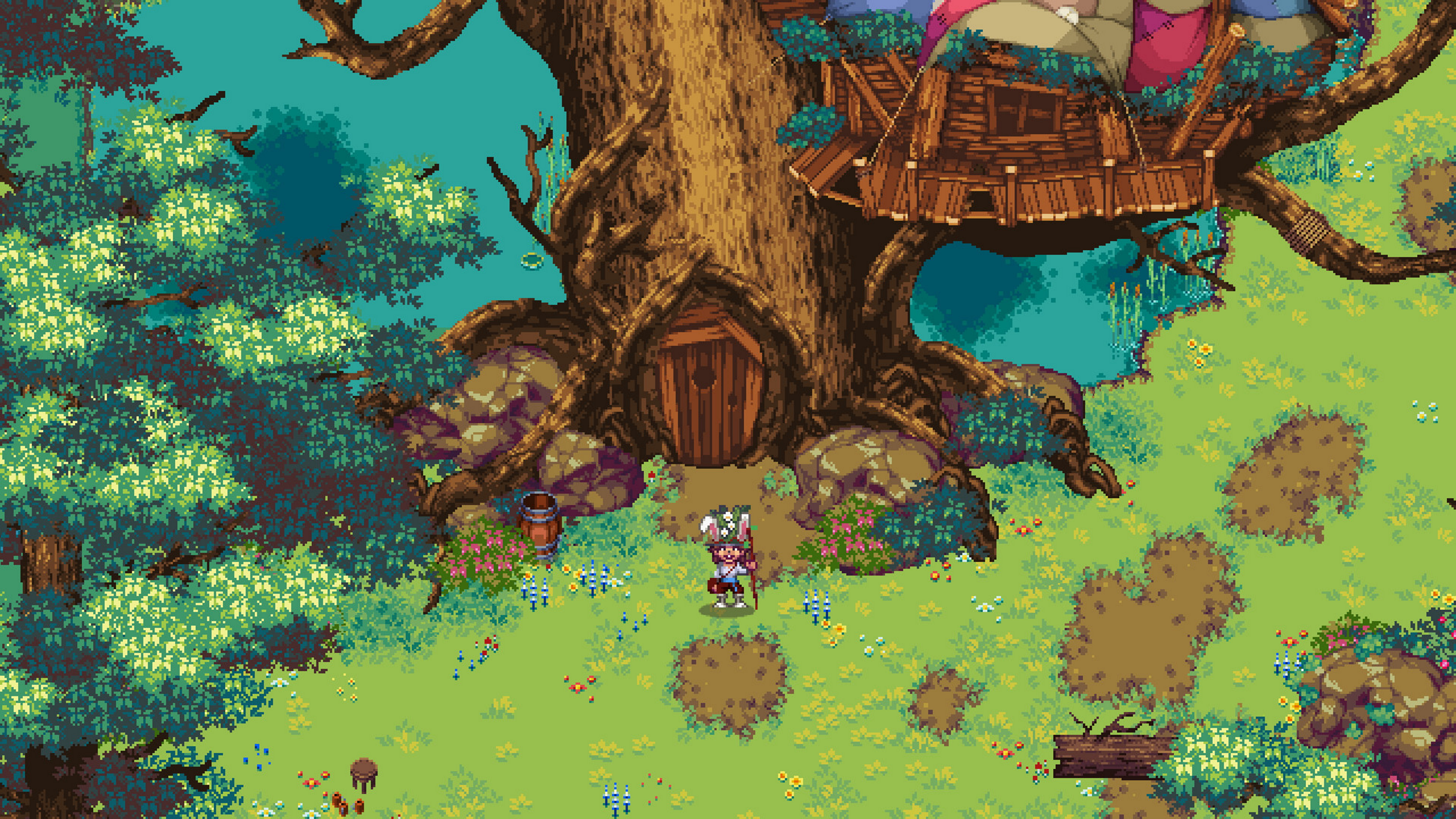 Kynseed - A player stands in front of a large treehouse in the woods