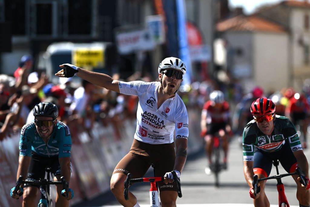 VARS FRANCE AUGUST 24 Marc Sarreau of France and Ag2R Citren Team White Leader Jersey celebrates winning ahead of Pierre Barbier of France and Team BB Hotels PB KTM and Edward Theuns of Belgium and Team Trek Segafredo Green Points Jersey during the 36th Tour Poitou Charentes en Nouvelle Aquitaine 2022 Stage 2 a 1955km stage from Prigny to Vars TPC2022 on August 24 2022 in Vars France Photo by Dario BelingheriGetty Images