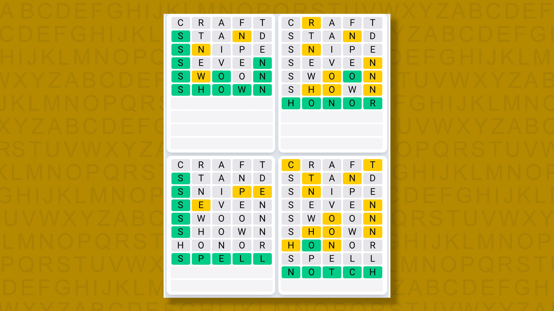 Quordle Daily Sequence answers for game 1410 on a yellow background