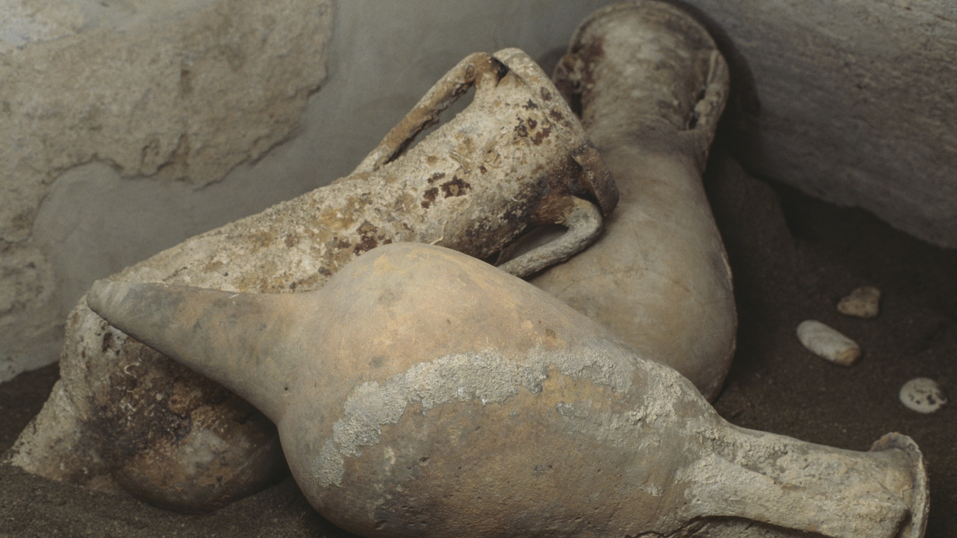 A photo of amphorae from the shipwreck of Chiessi