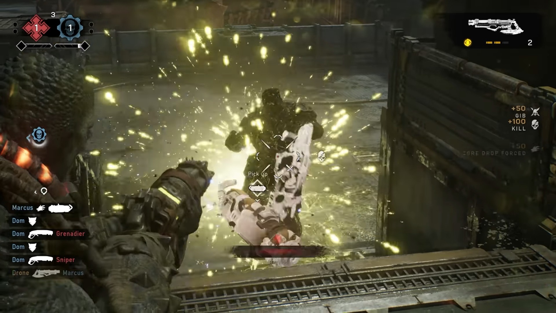 An image of a soldier blasting an enemy into atoms using a laser weapon while information regarding player kills, score counts, and weapon ammo is displayed on the screen.