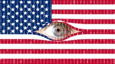 A surveillance "Big Brother" eye is watching from behind the digital curtain of the American flag
