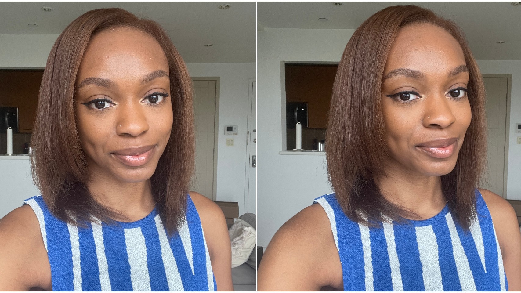 a person with brown hair wearing a blue and white dress