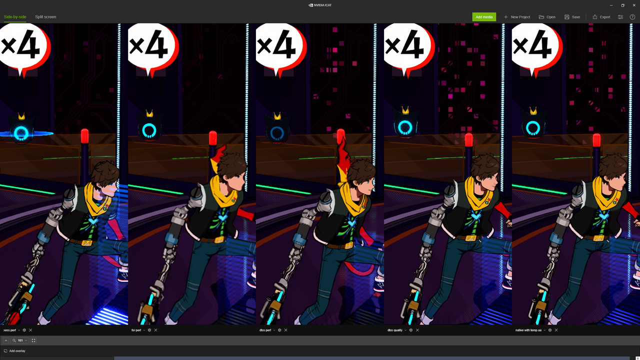 Screenshots of Nvidia ICAT showing Hi-Fi Rush running under Intel XeSS, AMD FSR 1.0, Nvidia DLSS, and Native with Temporal AA.