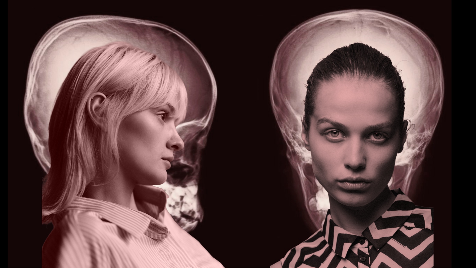 two women in a black and white photograph laid over an x-ray scan of a skull