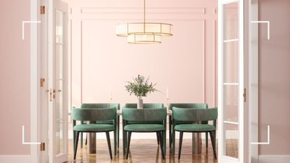 Pink dining room pictured with table and oversized hanging light 