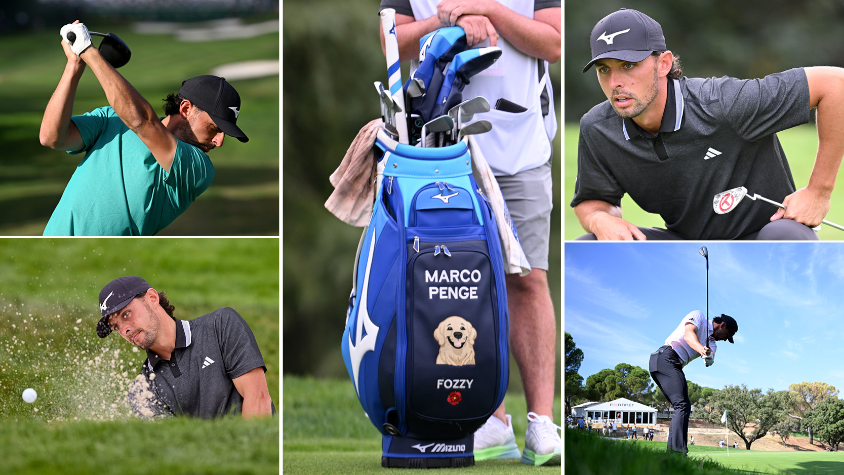 Marco Penge&#039;s golf bag with various pictures around the outside