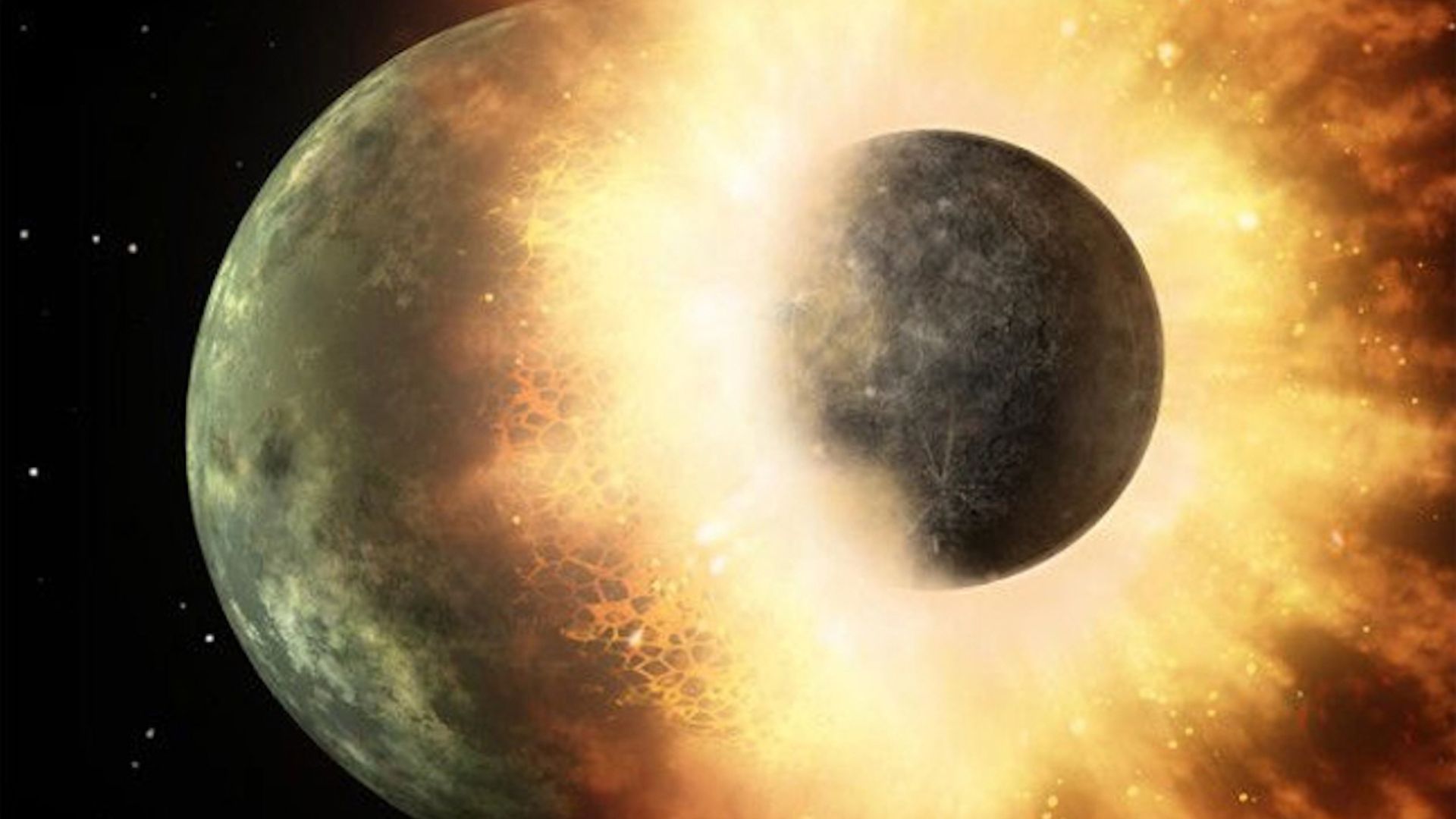 two large orbs collide, creating an explosion of fire and large rocky objects