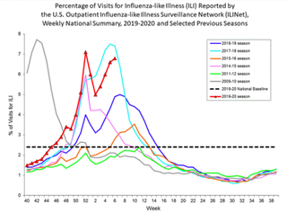 A graph comparing doctors' visits for flu during this season (red line, with arrows) with other recent seasons. An increase in H1N1 activity appears to be causing a second peak in flu season.