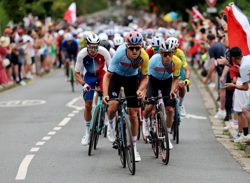 PARIS, FRANCE - AUGUST 03: (L-R) Kevin Vauquelin of Team France, Tiesj Benoot of Team Belgium and Remco Evenepoel of Team Belgium compete during the Men&#039;s Road Race on day eight of the Olympic Games Paris 2024 at trocadero on August 03, 2024 in Paris, France. (Photo by Tim de Waele/Getty Images)