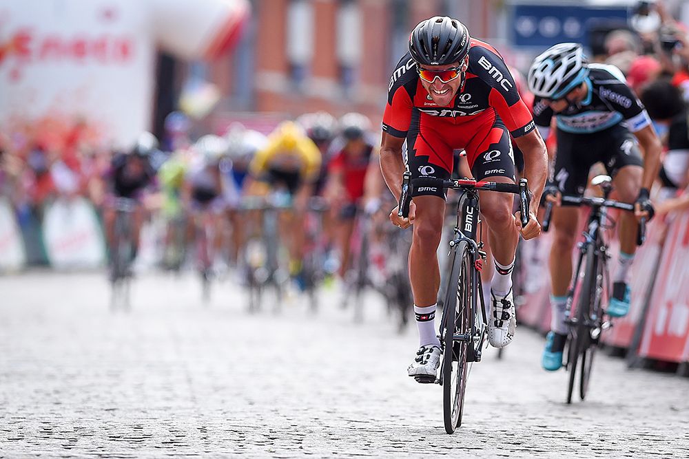 Greg Van Avermaet (BMC) was hit behind by a TV motorcycle at the Clasica San Sebastian