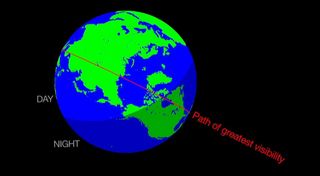 Comet 209P/LINEAR may create a new meteor shower on May 23-24, 2014, visible to observers in southern Canada and the continental United States. This NASA graphic depicts the visibility path of the meteor shower.