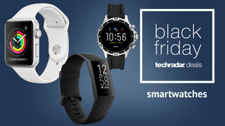 Eine Apple Watch, Fitbit Charge 4 und Fossil Smartwatch neben einem Banner mit der Aufschrift "Black Friday - Smartwatches"