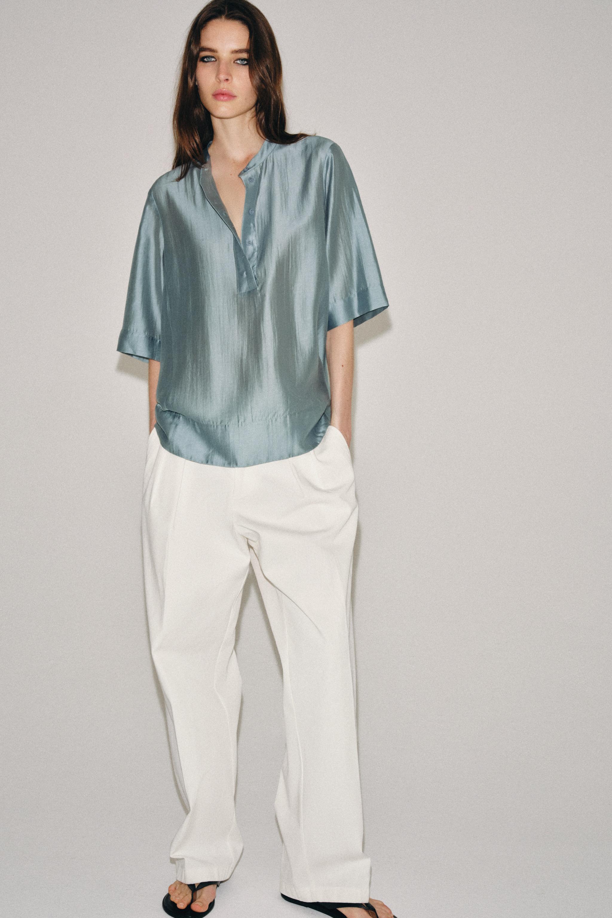 Zw Collection Flowing Short Sleeve Blouse - Blue Grey - Xs