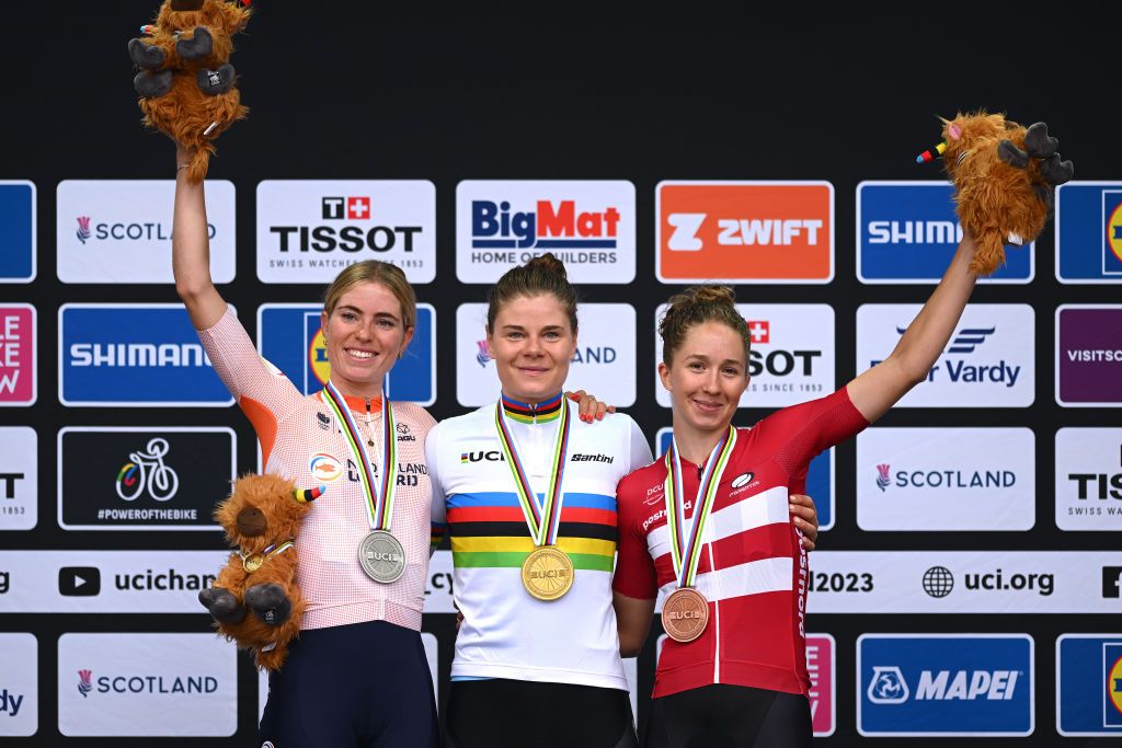 elite women podium (l-r): silver medalist Demi Vollering (Netherlands), gold medalist Lotte Kopecky (Belgium) and bronze medalist Cecilie Ludwig (Denmark)