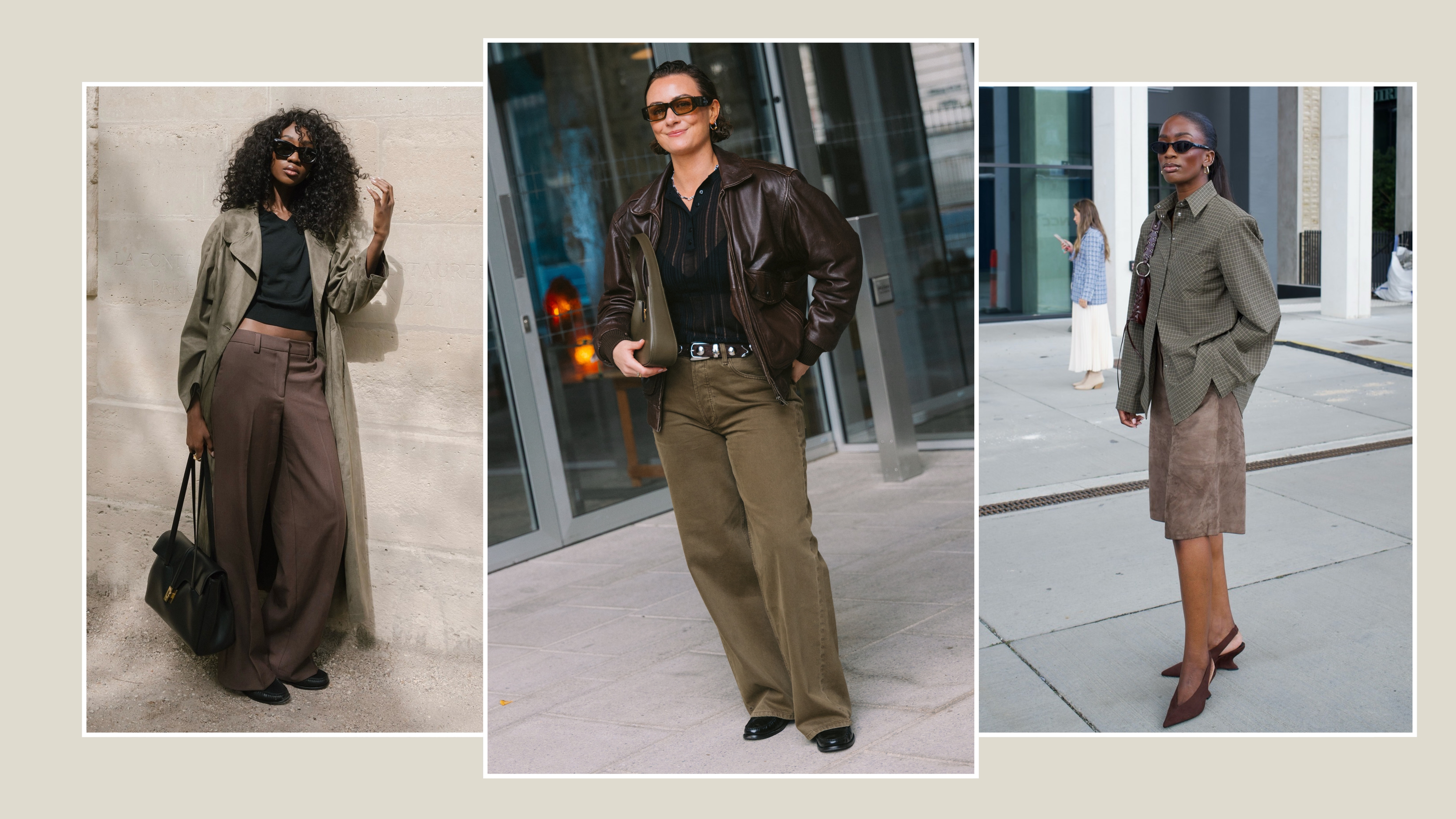 Collage of khaki outfit ideas - @emmanuellek_; @sarahellentreacher; @sophie_robyn; @_livmadeline