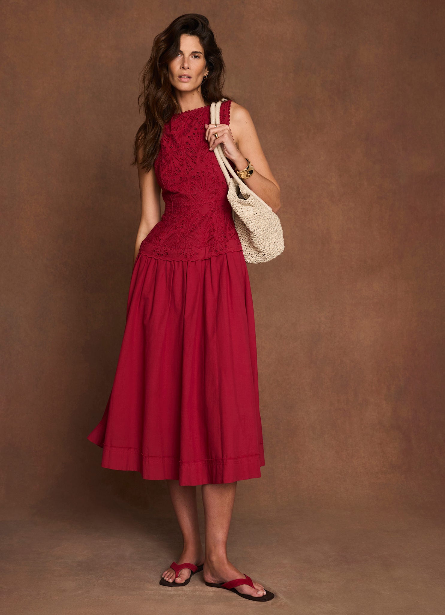 Red Cotton Broderie Midi Dress