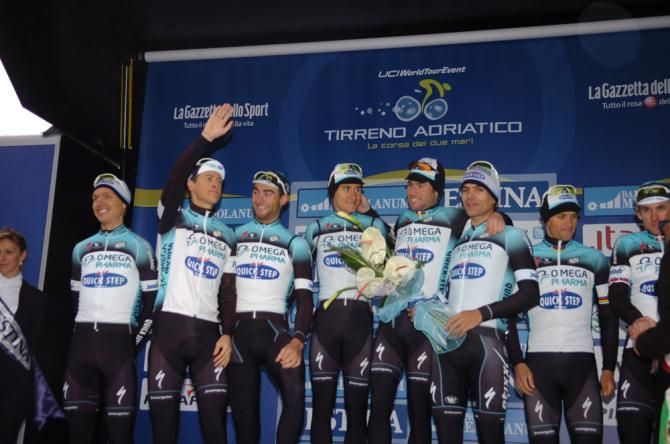 Omega Pharma-Quick Step on the podium after winning the team timet trial at Tirreno-Adriatico.
