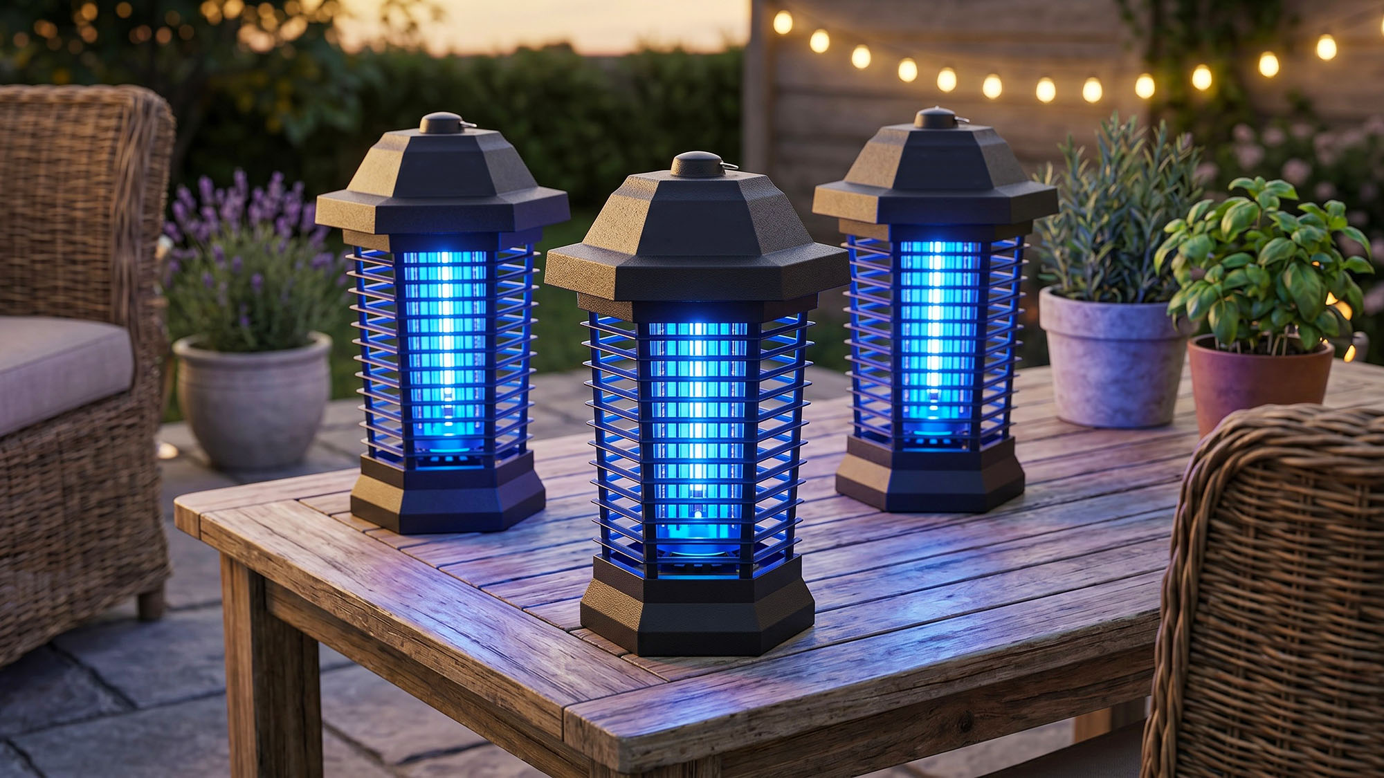 AI generated image showing a trio of Amazon's best-selling Gootop bug zapper on a garden table on the patio at dusk