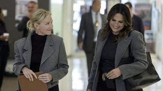 Kelli Giddish as Amanda Rollins and Mariska Hargitay as Capt. Olivia Benson laughing in Law &amp; Order: SVU season 26 episode 3