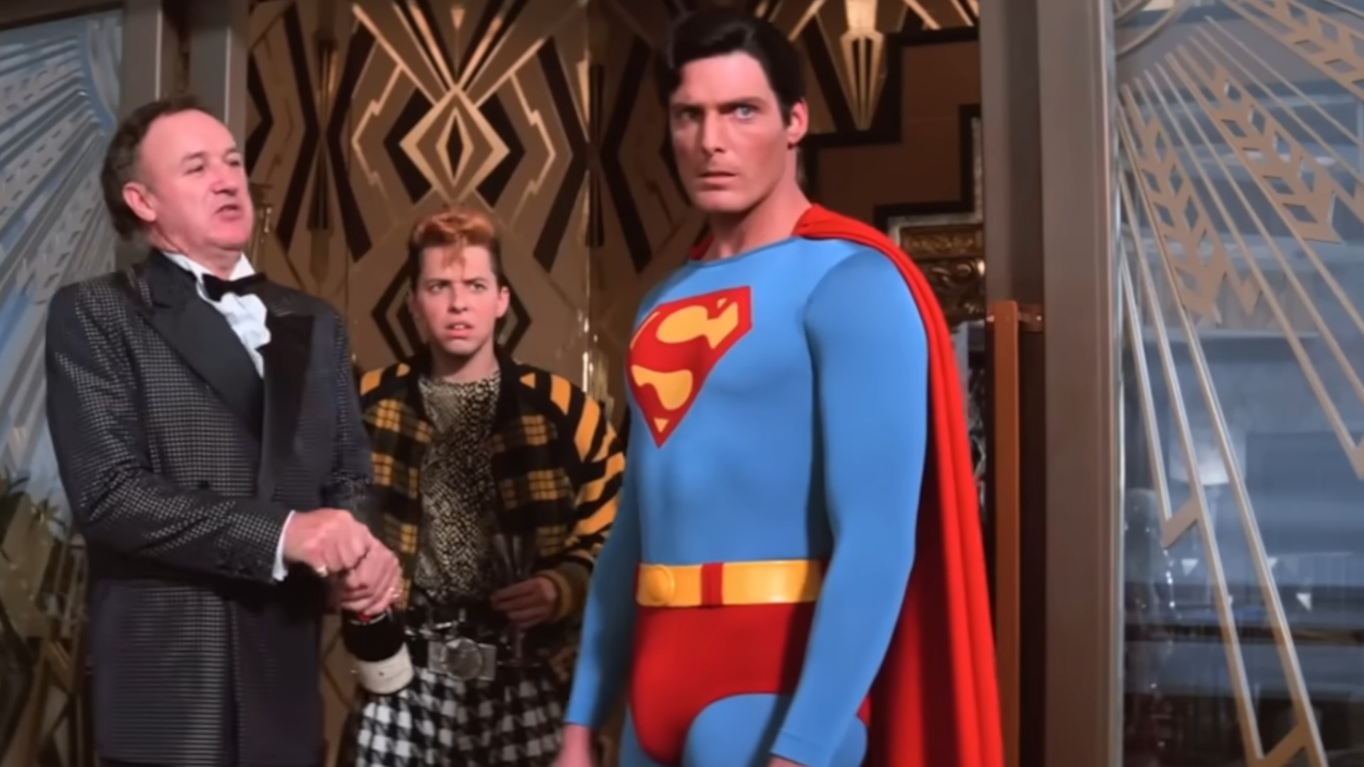 Christopher Reeve as Superman looking angry during a scene in the movie, Superman IV: The Quest for Peace.
