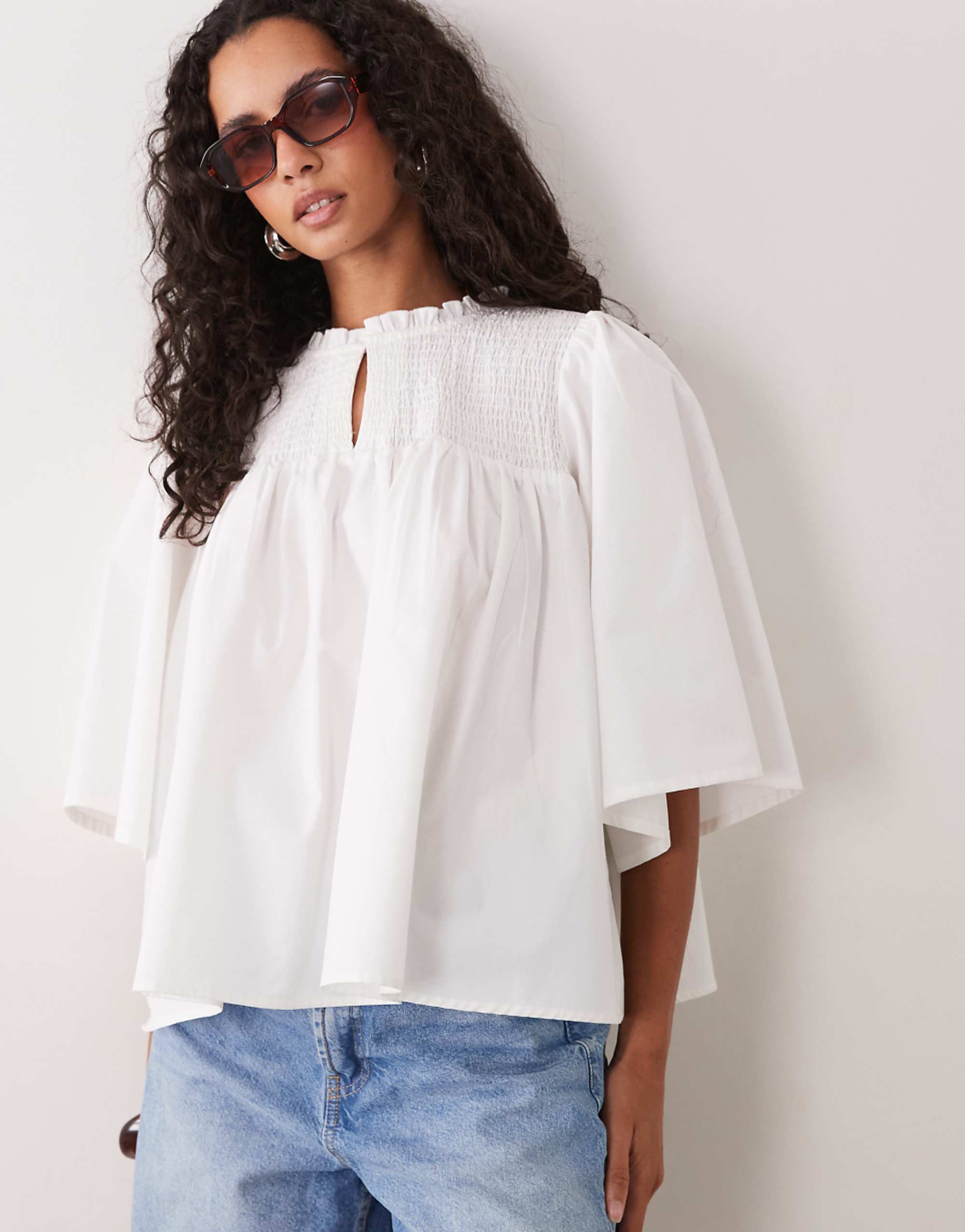 Asos Design Boho Blouse Smock Neck Top in White