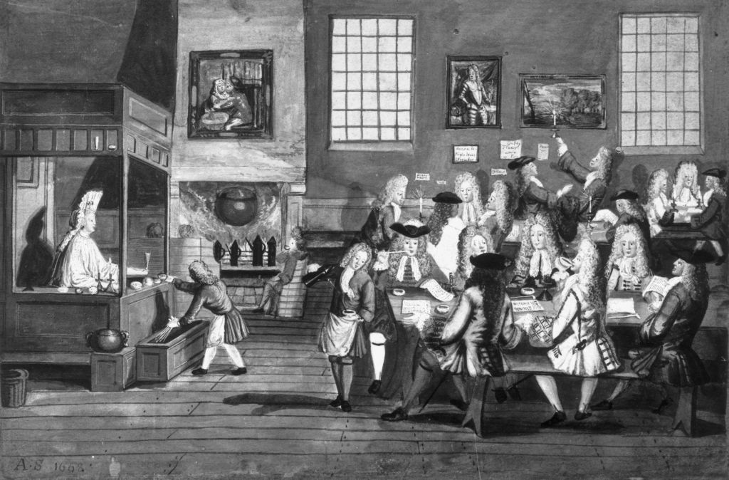1668, Smart gentlemen drinking, smoking and chatting in a coffee house