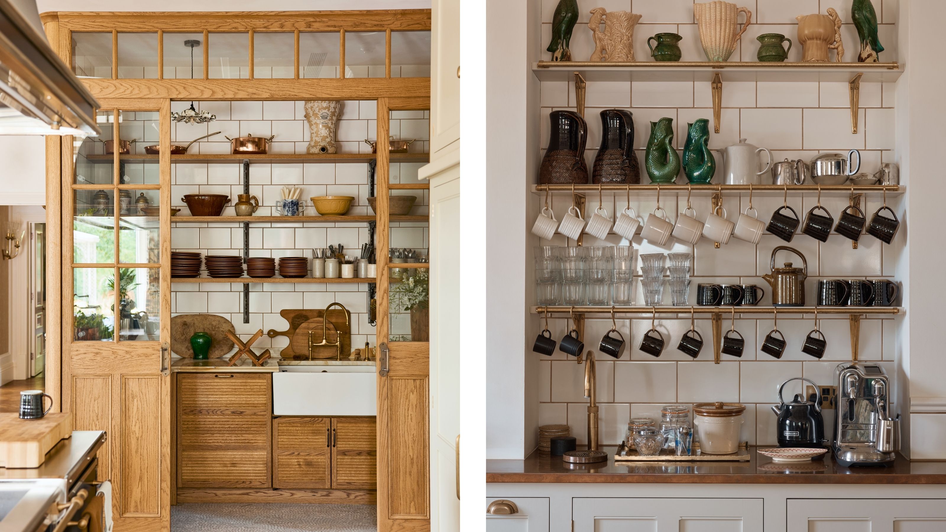 two side by side images of an oak pantry with glass partition walls and wooden cabinetry