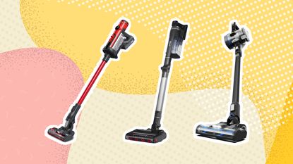 Best cordless vacuums graphic with Henry, Shark and Vax model on pink and yellow background