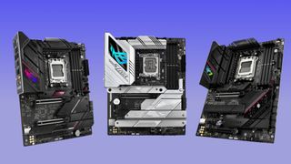A collage of Asus motherboards, against a purple gradient background