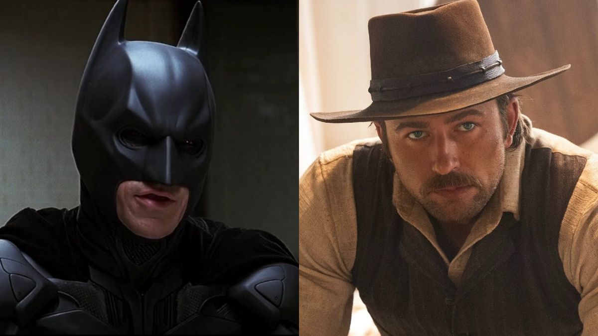 From left to right: Chistian Bale as Batman in The Dark Knight and Brandon Sklenar as Spencer Dutton in 1923. 