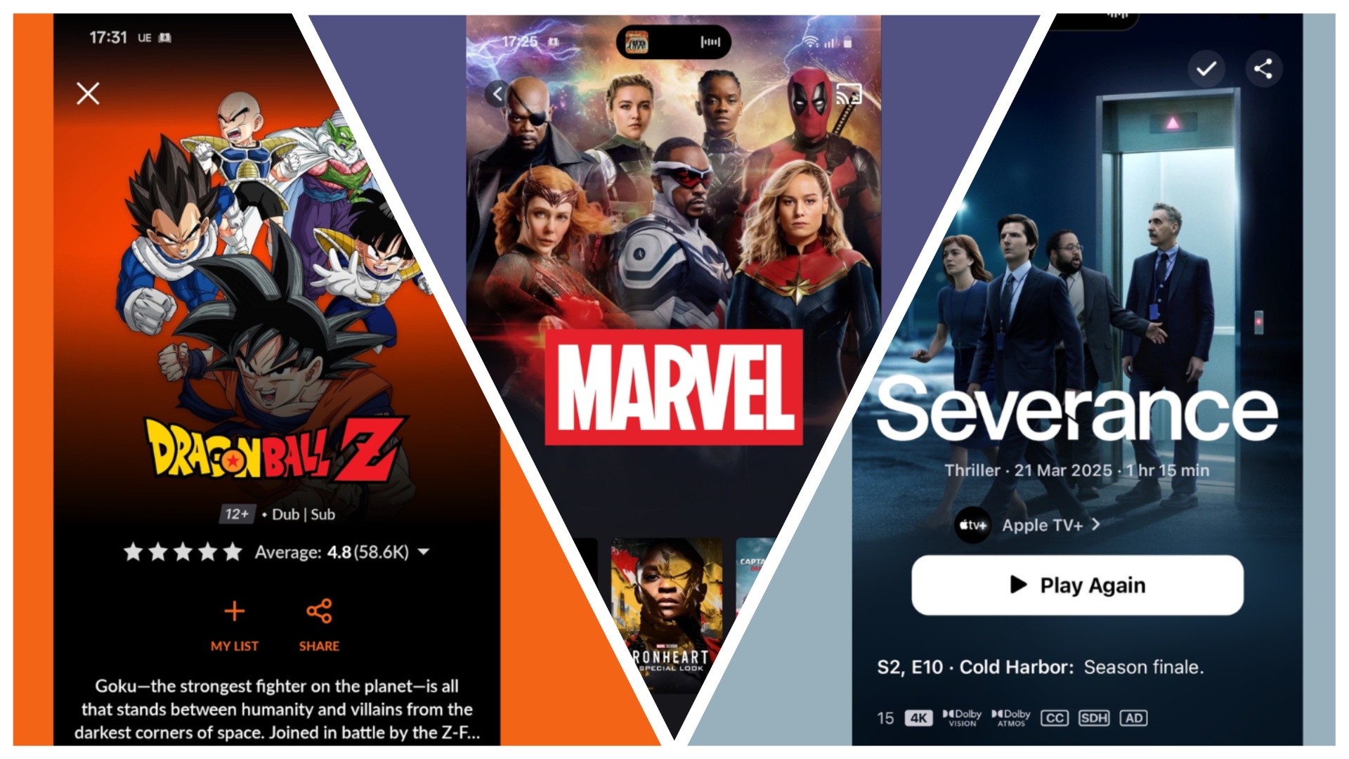 Crunchyroll, Disney Plus, and Apple TV Plus interfaces on a phone screen