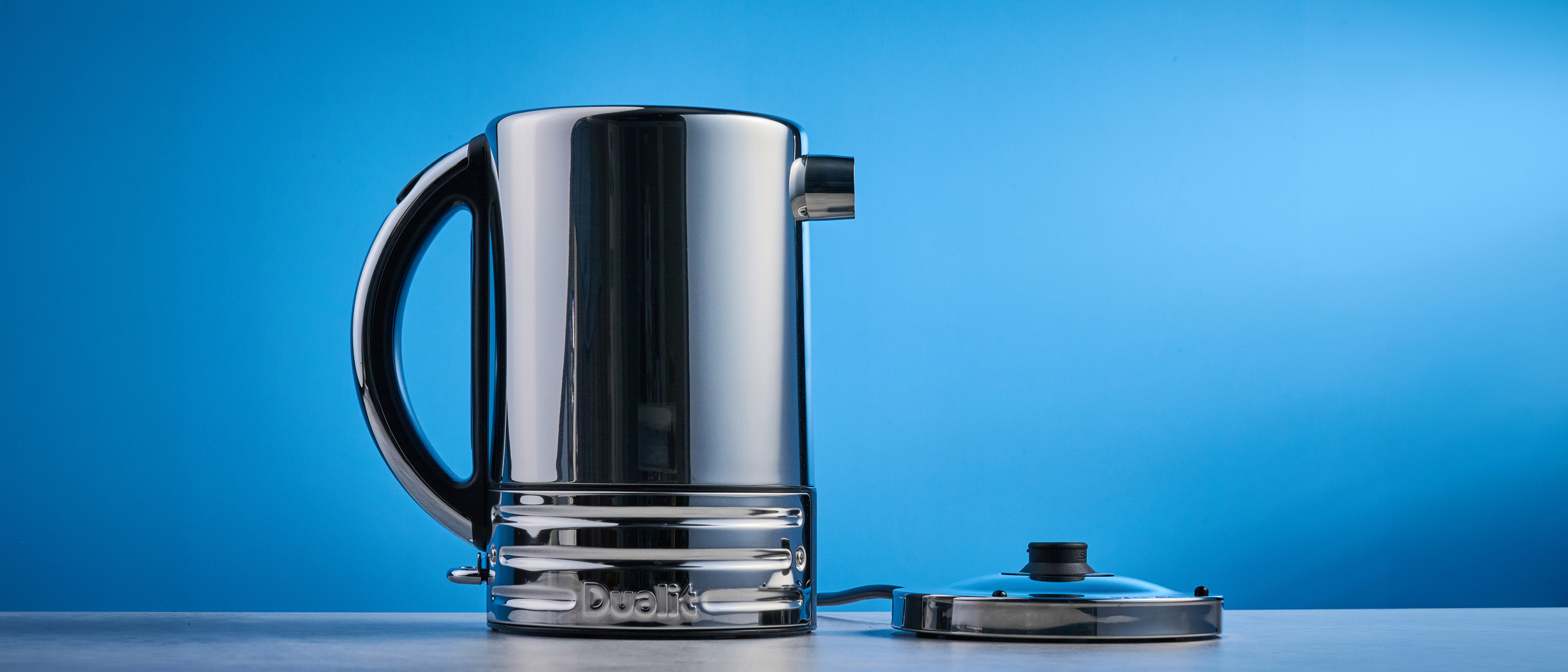 Dualit Design Series Kettle photographed in front of a blue background
