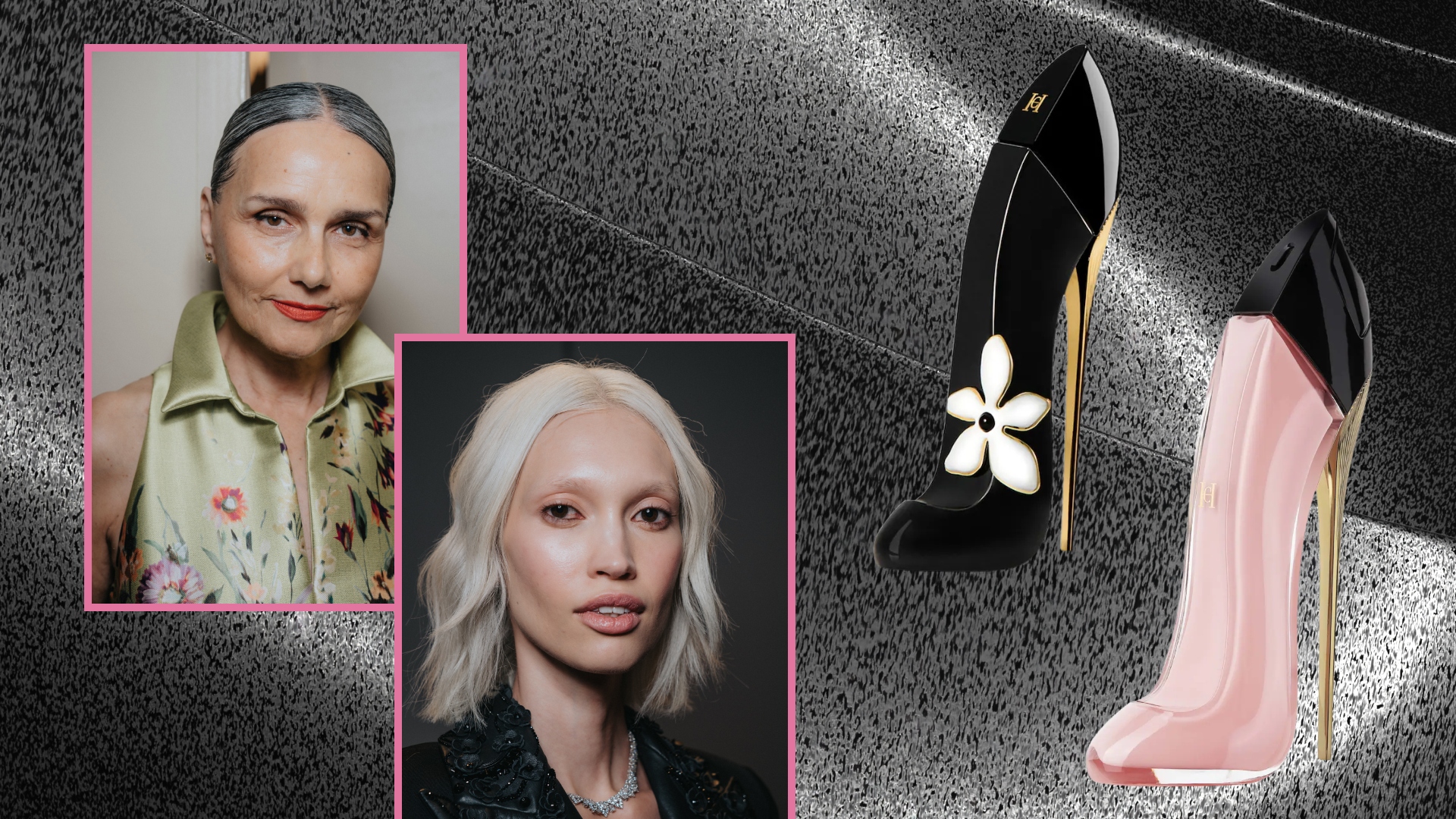 two women on a black background next to carolina herrera fragrances