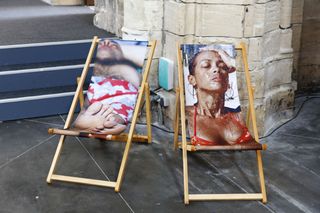 Martin Parr photo on show at Photo London 2023 show deckchairs made using close-up photos of beachgoers