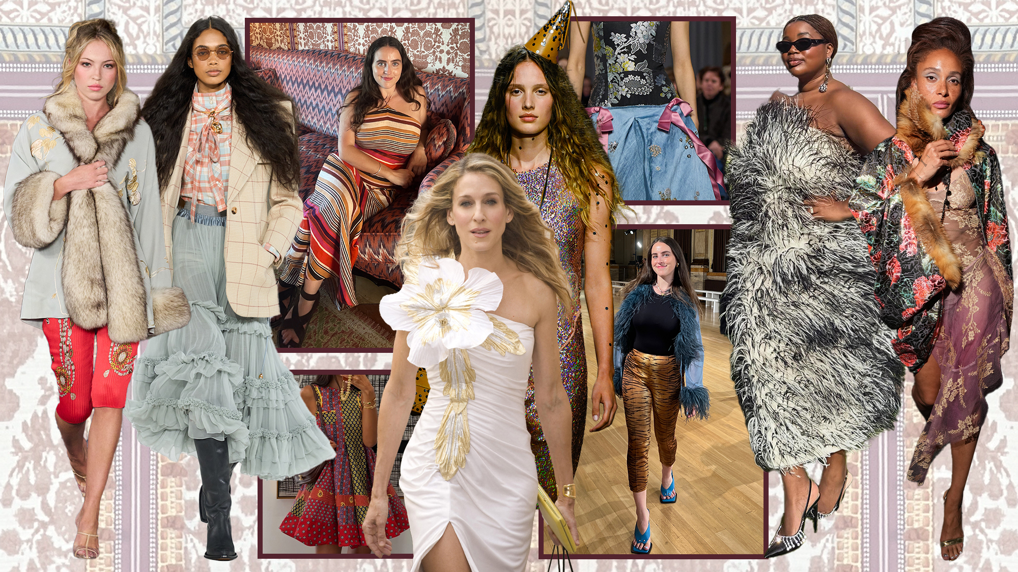 A collage of the maximalism fashion trend.