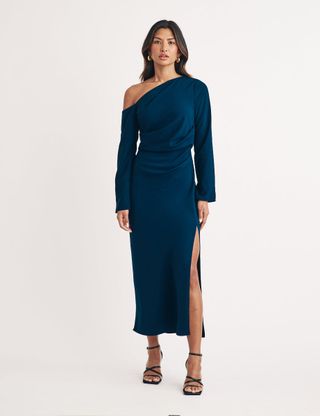 Blue Asymmetric Gathered Katty Midi Dress