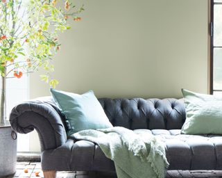 Living room paint color idea – a living room with a grey sofa painted in Benjamin Moore Color of the Year 2022 October Mist