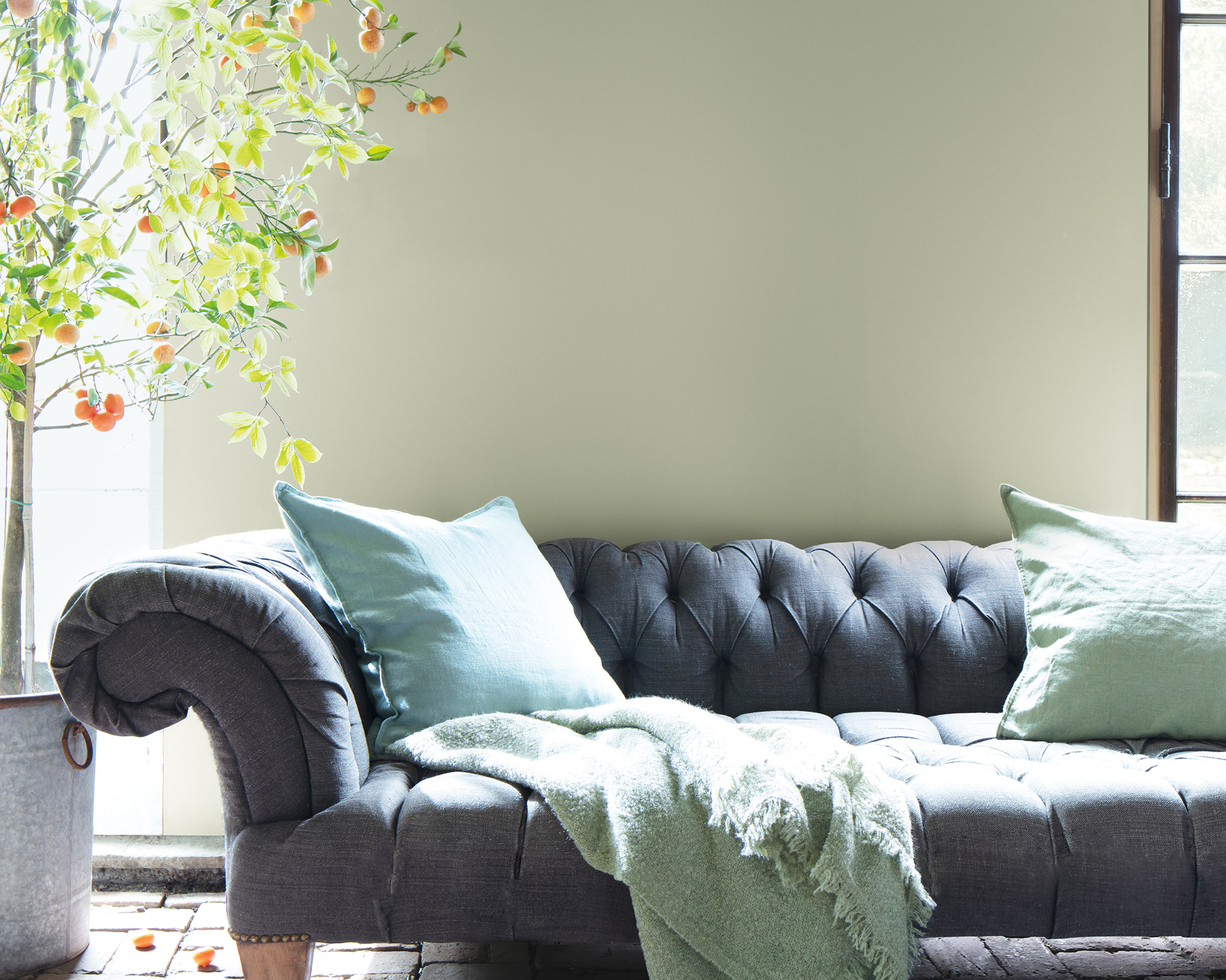 Living room paint color idea in Benjamin Moore Color of the Year 2022 October Mist, from £25.40 per 0.94L, www.benjaminmoore.co.uk